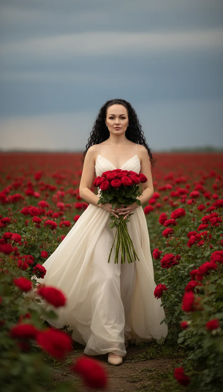  Женщина в струящемся светлом платье идёт среди поля красных роз с букетом в руках