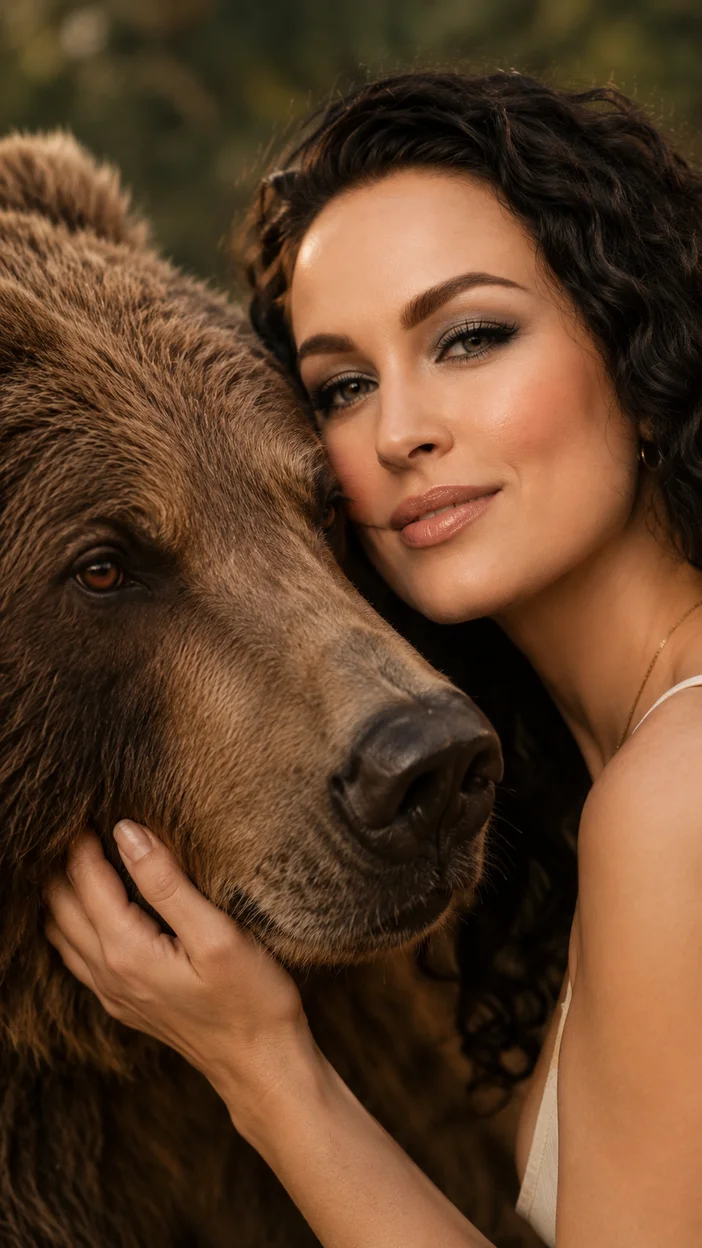Фотосессия женщины рядом с бурым медведем