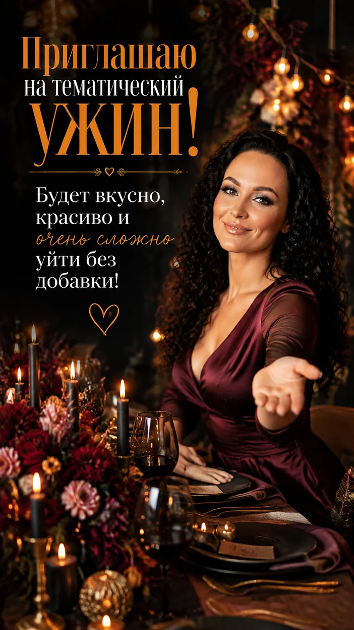 Фотооткрытка тематический ужин с текстом «Приглашаю на тематический ужин! Будет вкусно, красиво и очень сложно уйти без добавки!»