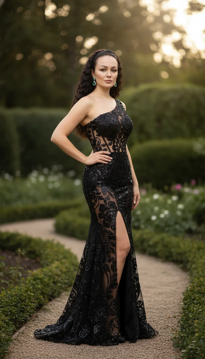 Черное couture-платье в саду