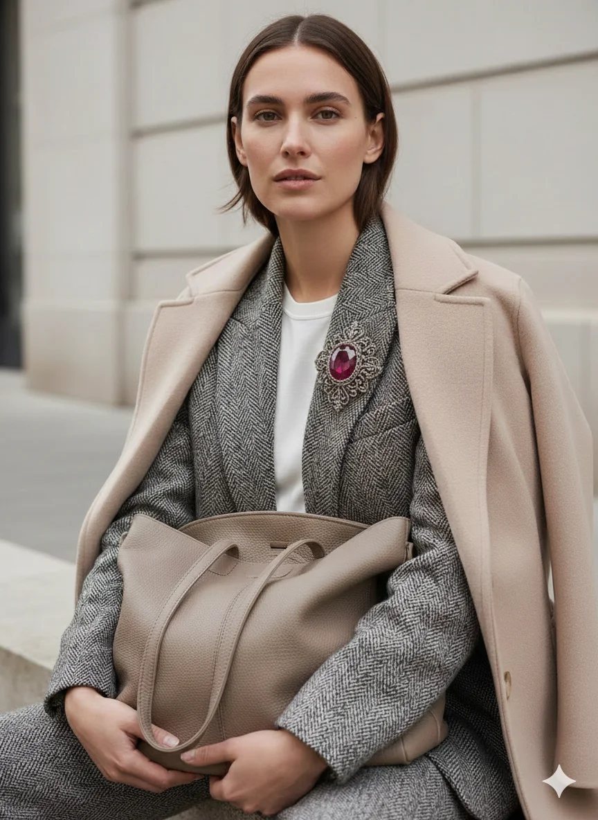 Сцена для продаж -  Брошь (На девушке серо-бежевый жакет)