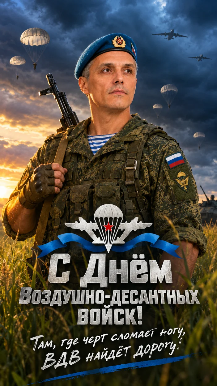 Фотосессия десантника в поле под грозовым небом — открытка «С Днём ВДВ!»
