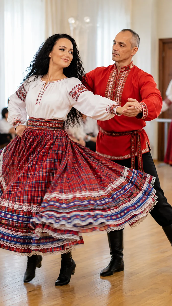 Фотосессия русского танца в клетчатой юбке