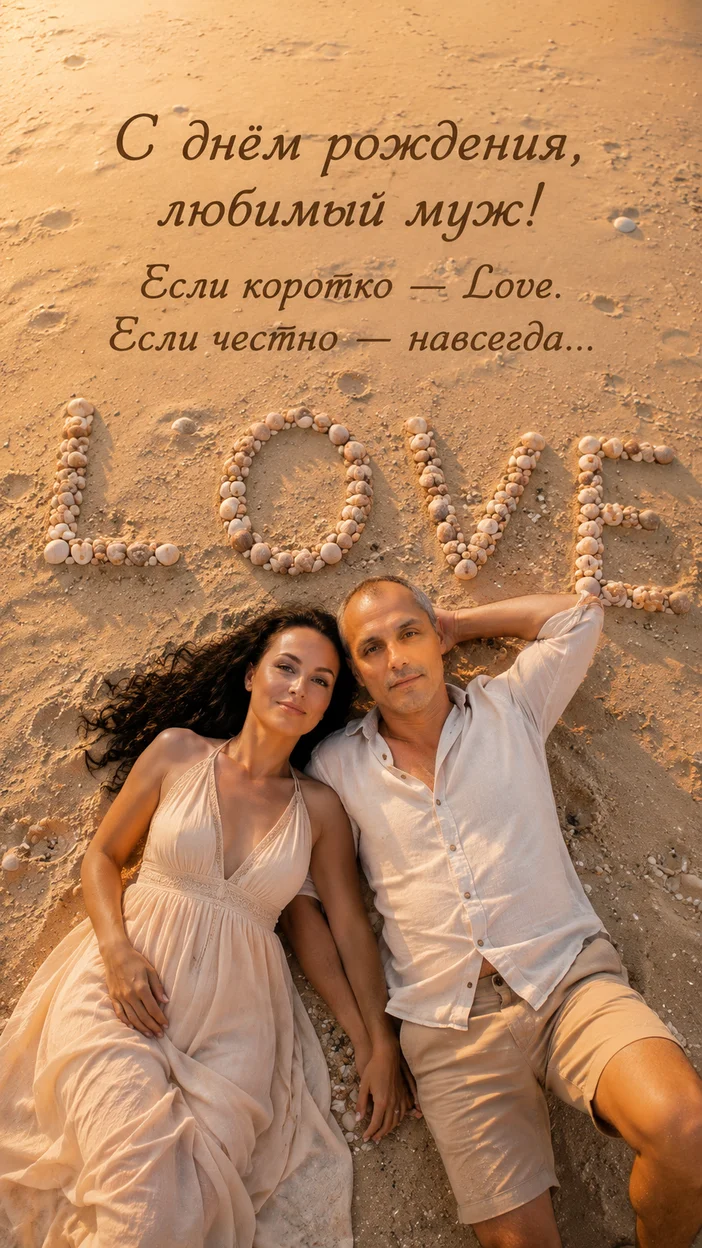 Фотосессия пара на пляже лёжа на песке с надписью LOVE — лёгкая романтика