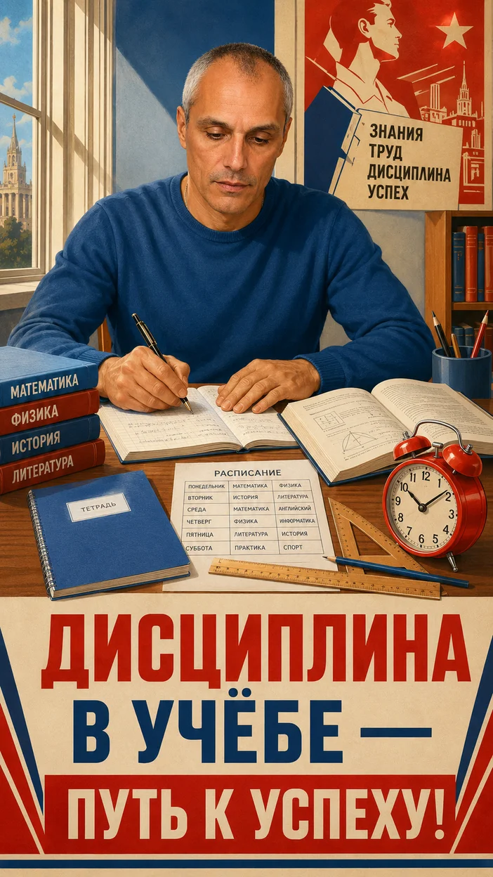 Фотооткрытка с надписью «ДИСЦИПЛИНА В УЧЁБЕ — ПУТЬ К УСПЕХУ!»