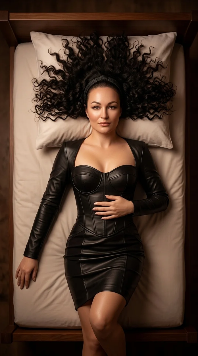  Девушка в кожаном платье лежит на кровати