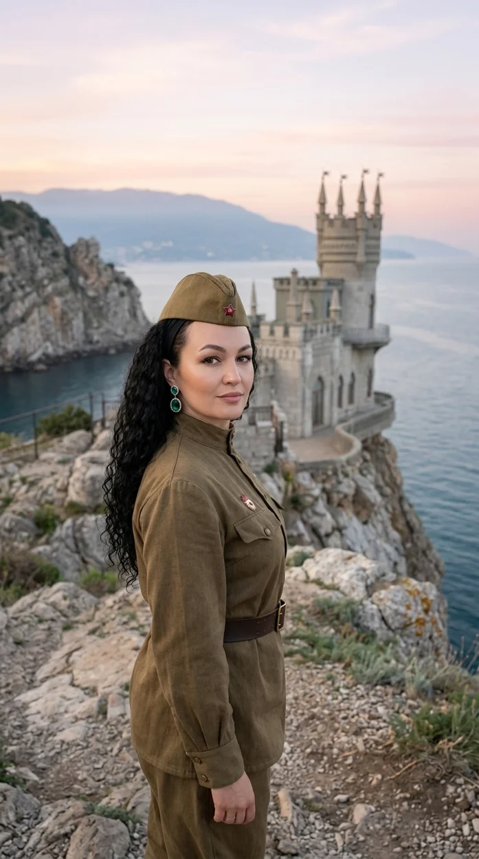  сцена на скалистом побережье у моря, на утёсе стоит изящный замок (Ласточкино гнездо)