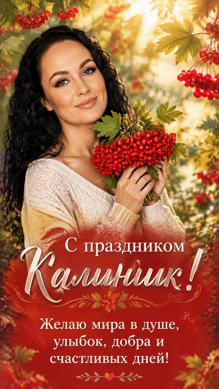 Фотооткрытка в уютном осенне-летнем стиле с текстом «С праздником Калинник! Желаю мира в душе, улыбок, добра и счастливых дней!»