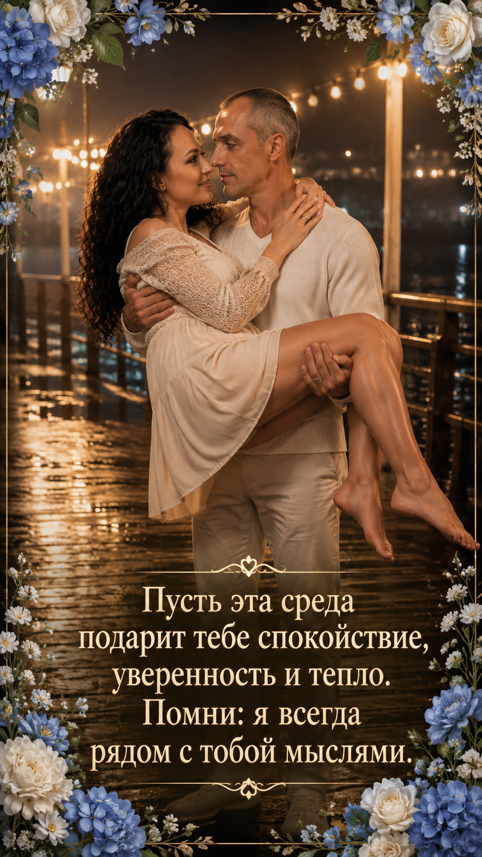 Фотооткрытка для любимой с поздравлением "Пусть эта среда подарит тебе спокойствие, уверенность и тепло. Помни: я всегда рядом с тобой мыслями."
