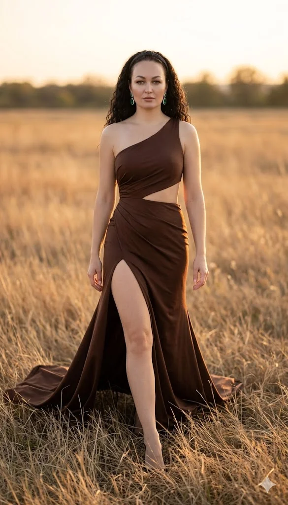 Женщина на открытом поле в асимметричном вечернем платье 