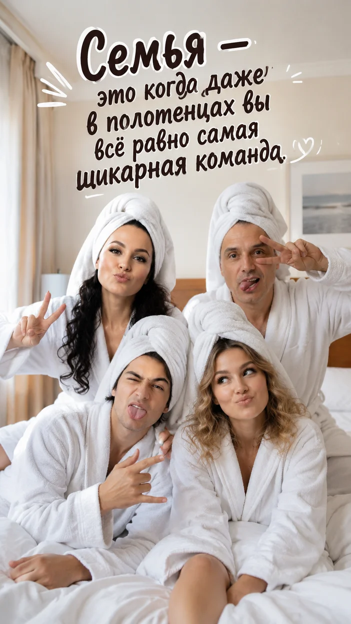 Фотосессия семьи в уютном отельном кадре с юмором