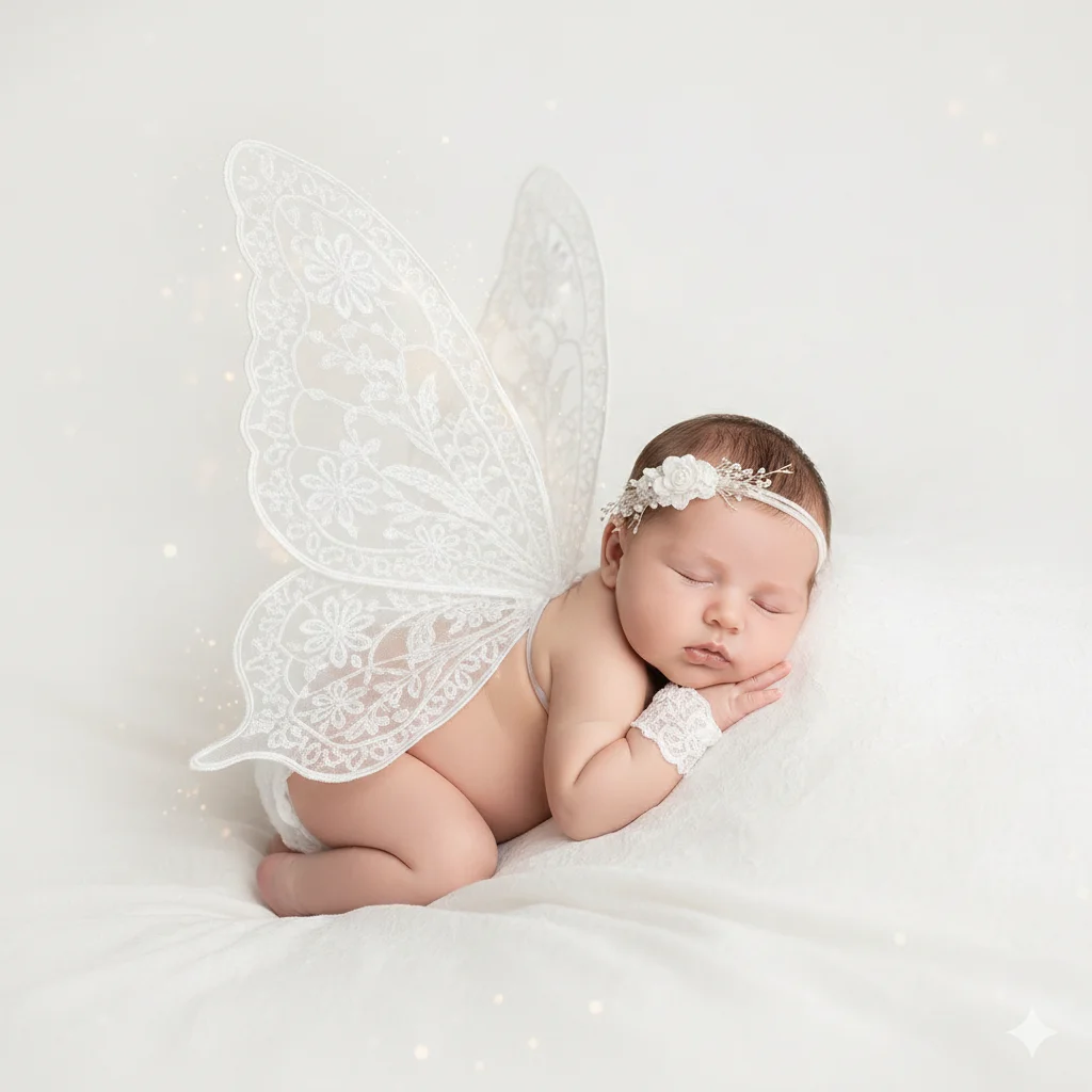 Малыш в кружевных крыльях бабочки спит на белой ткани