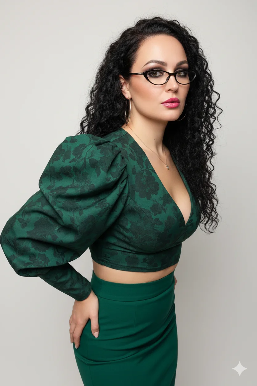 Девушка в зелёном кроп-топе с объёмными рукавами и юбке