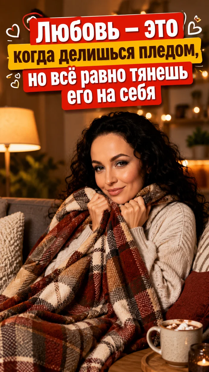 Фотооткрытка для любимого с пожеланием "Любовь — это когда делишься пледом, но всё равно тянешь его на себя"