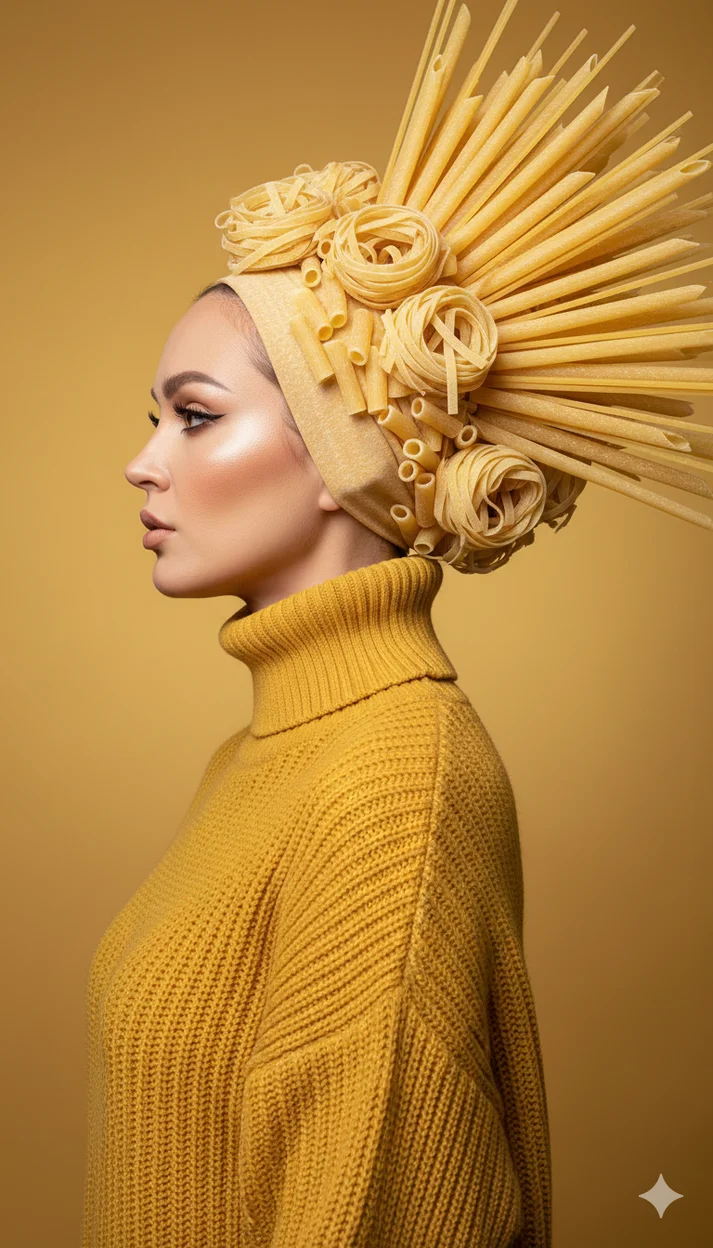 Девушка в жёлтом свитере с причёской из макарон