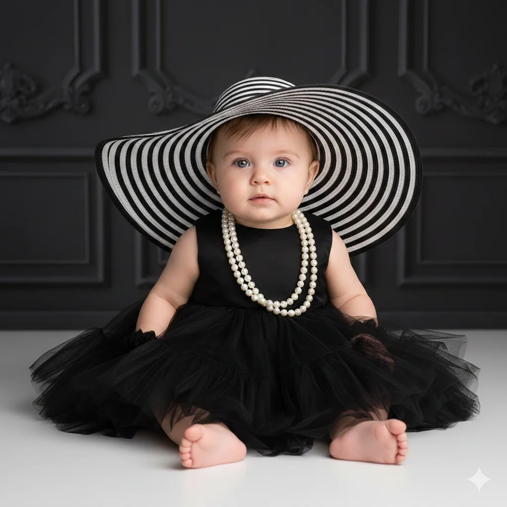 Малыш в черном платье и широкой шляпе сидит в студии