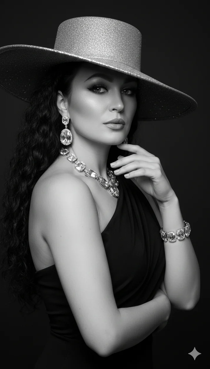 Девушка в чёрной драпировке и блестящей шляпе