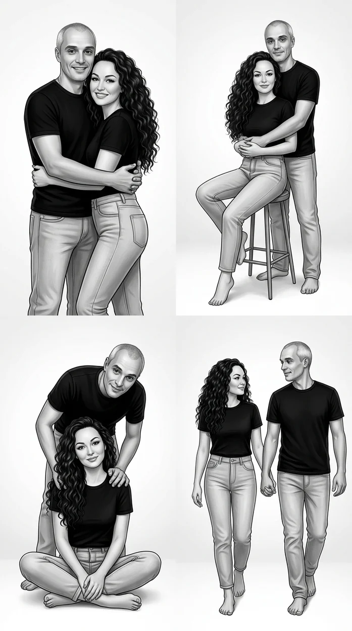  Иллюстрация, глянцевый студийный стиль, чёрно-белый коллаж из 4 кадров (2x2 сетка), пара в разных позах