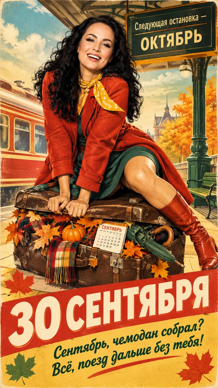Фотосессия взрослая девушка в ретро 1960-х на железнодорожном вокзале, сидящая верхом на переполненном винтажном чемодане — 30 сентября