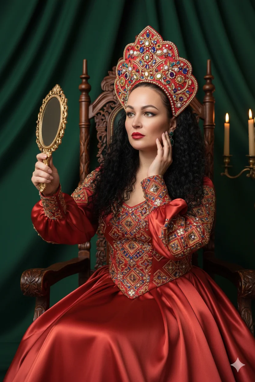 Девушка в красном расшитом костюме и кокошнике сидит на резном троне 