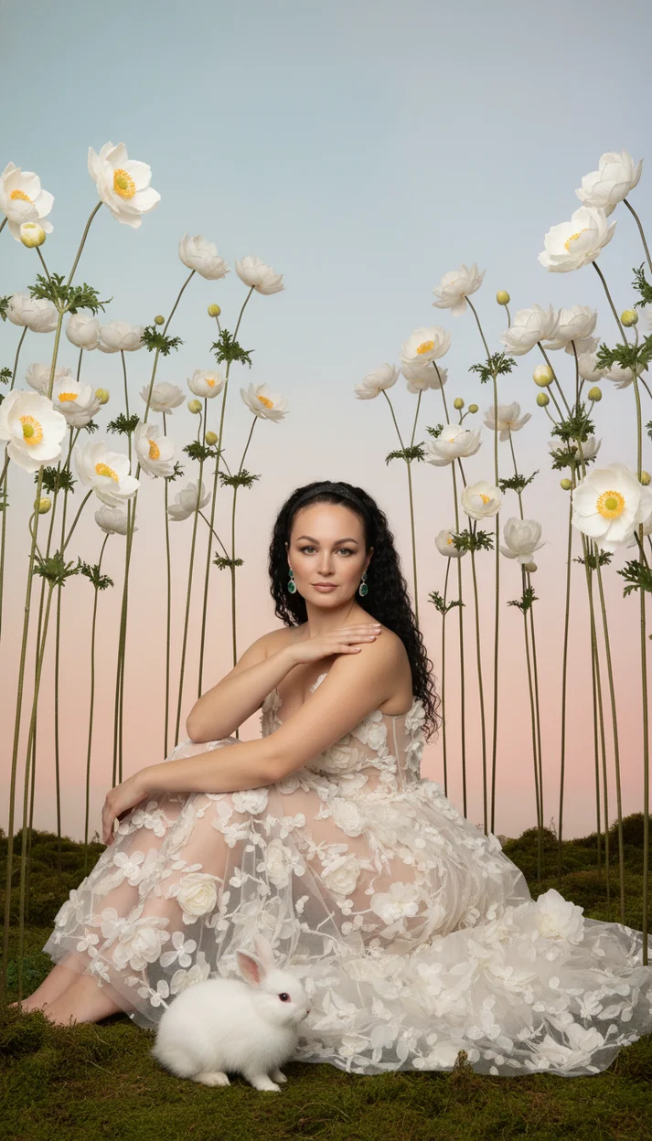  Девушка среди белых цветов с кроликом