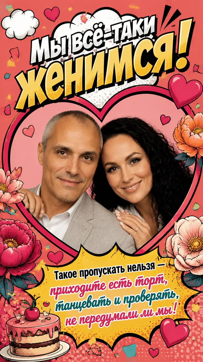 Фотооткрытка поп-арт «Мы всё-таки женимся!»