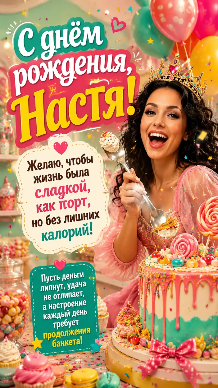 Фотосессия праздничная открытка для Насти в кондитерской
