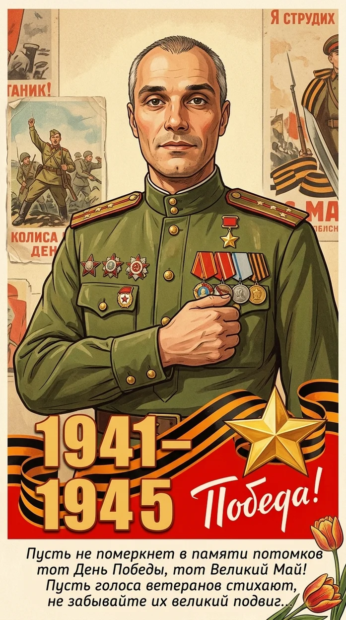 Советская открытка Победа 1941–1945 с солдатом и наградами