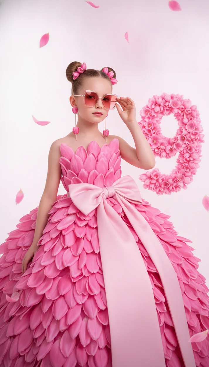 Фотосессия на 9 лет в розовом fashion-образе с тюльпанами