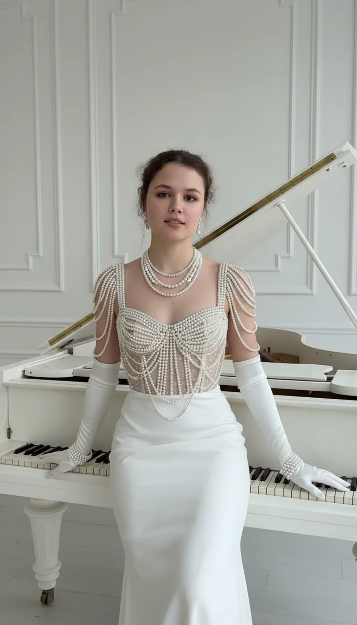Девушка в светлом интерьере у белого рояля в платье