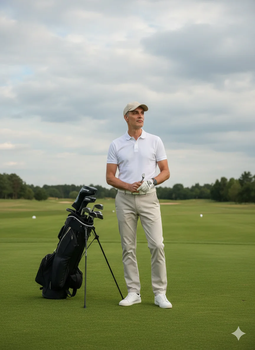 Мужчина в белом поло и кепке стоит на гольф-поле с клюшкой