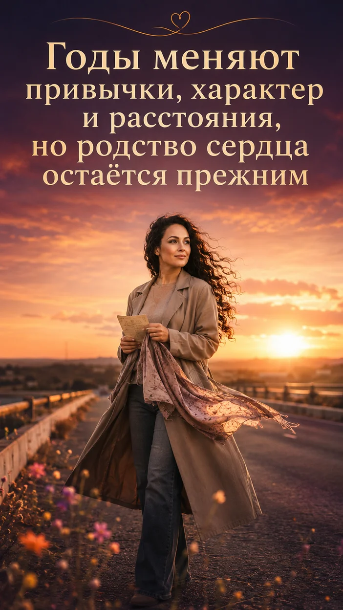 Фотооткрытка для близких с текстом "Годы меняют привычки, характер и расстояния, но родство сердца остаётся прежним"