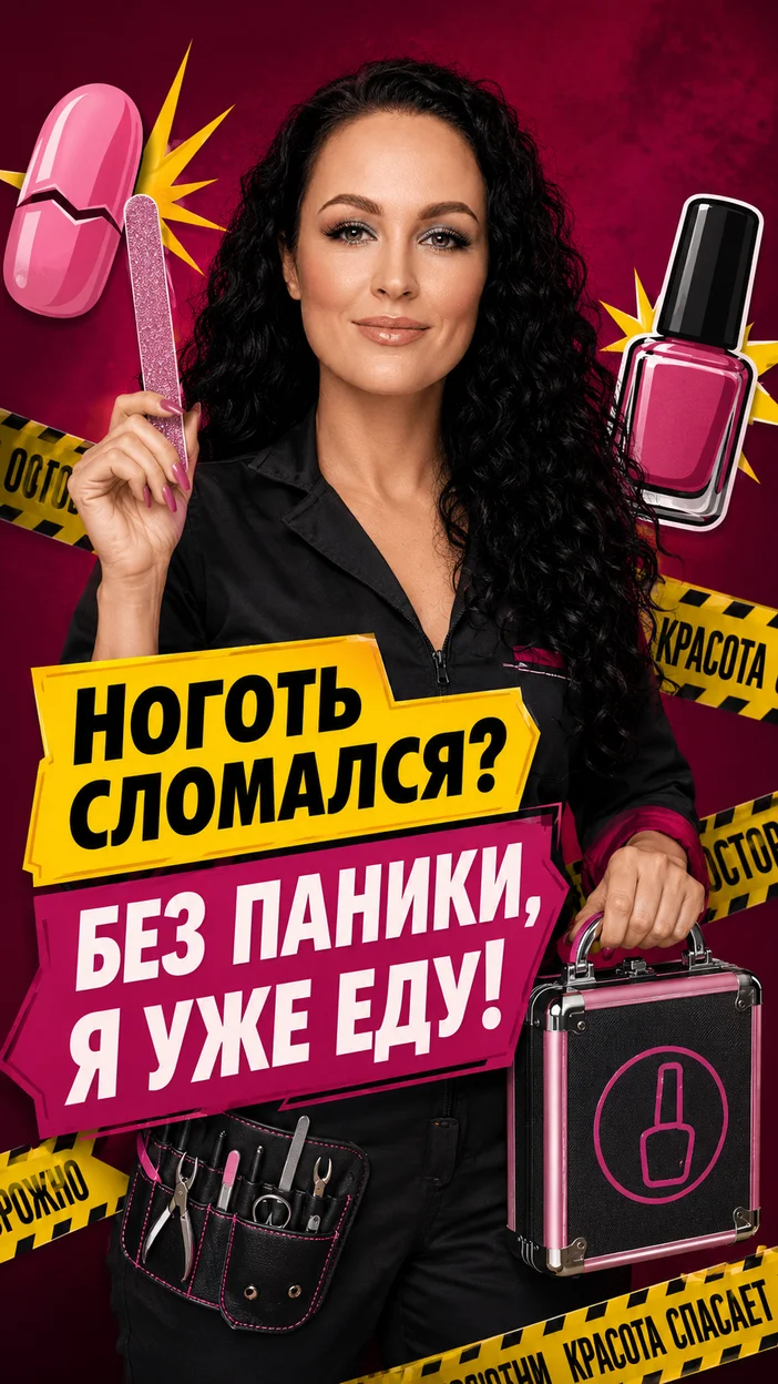 Юморная фотооткрытка для клиентов с пожеланием "НОГОТЬ СЛОМАЛСЯ? БЕЗ ПАНИКИ, Я УЖЕ ЕДУ!"