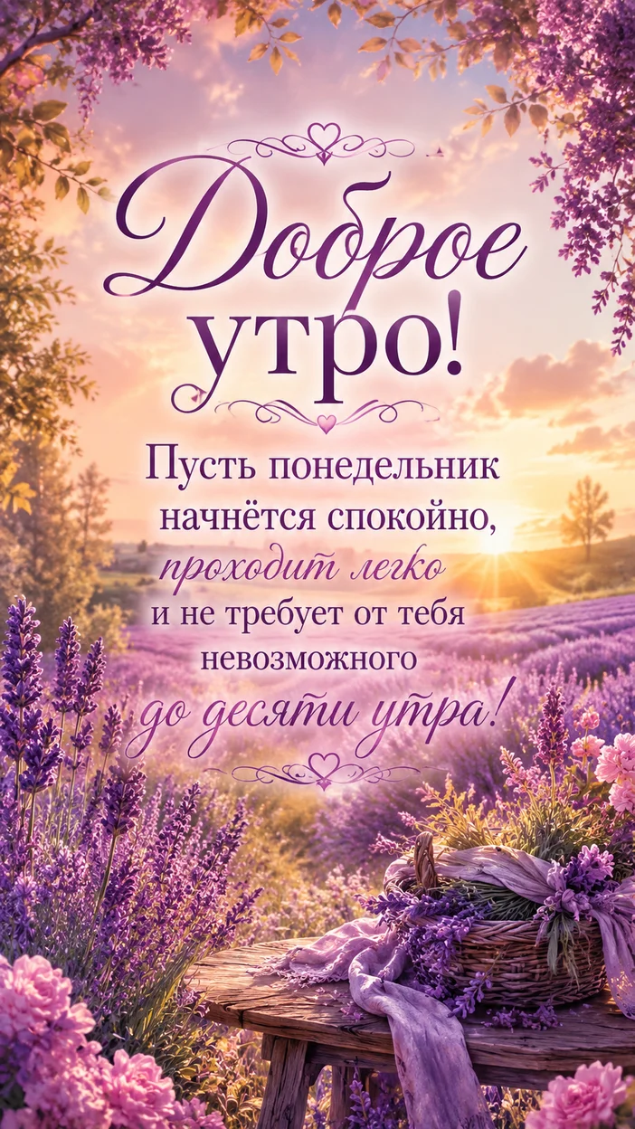 Фотооткрытка «Доброе утро! Пусть понедельник начнётся спокойно, проходит легко и не требует от тебя невозможного до десяти утра!»