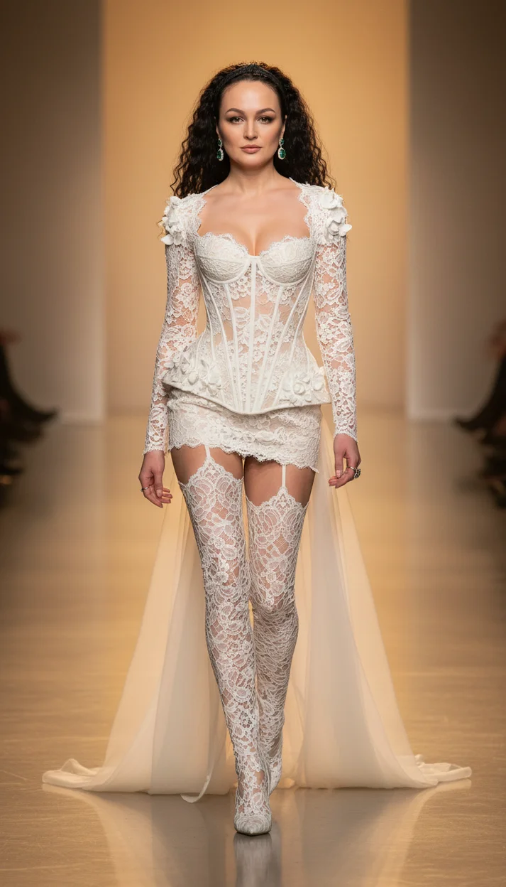  Женщина уверенно идёт по подиуму в роскошном белом couture-образе, высокая мода, 