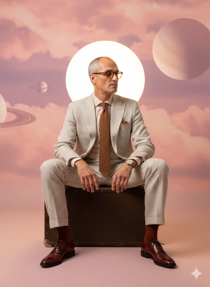 Мужчина в полосатом костюме сидит на чемодане на фоне планет и розового неба