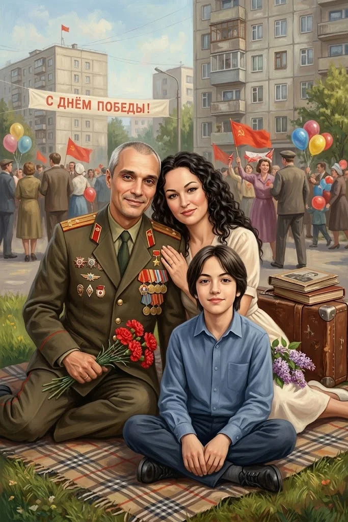  Семейная сцена на улице в праздничной атмосфере ВОВ 