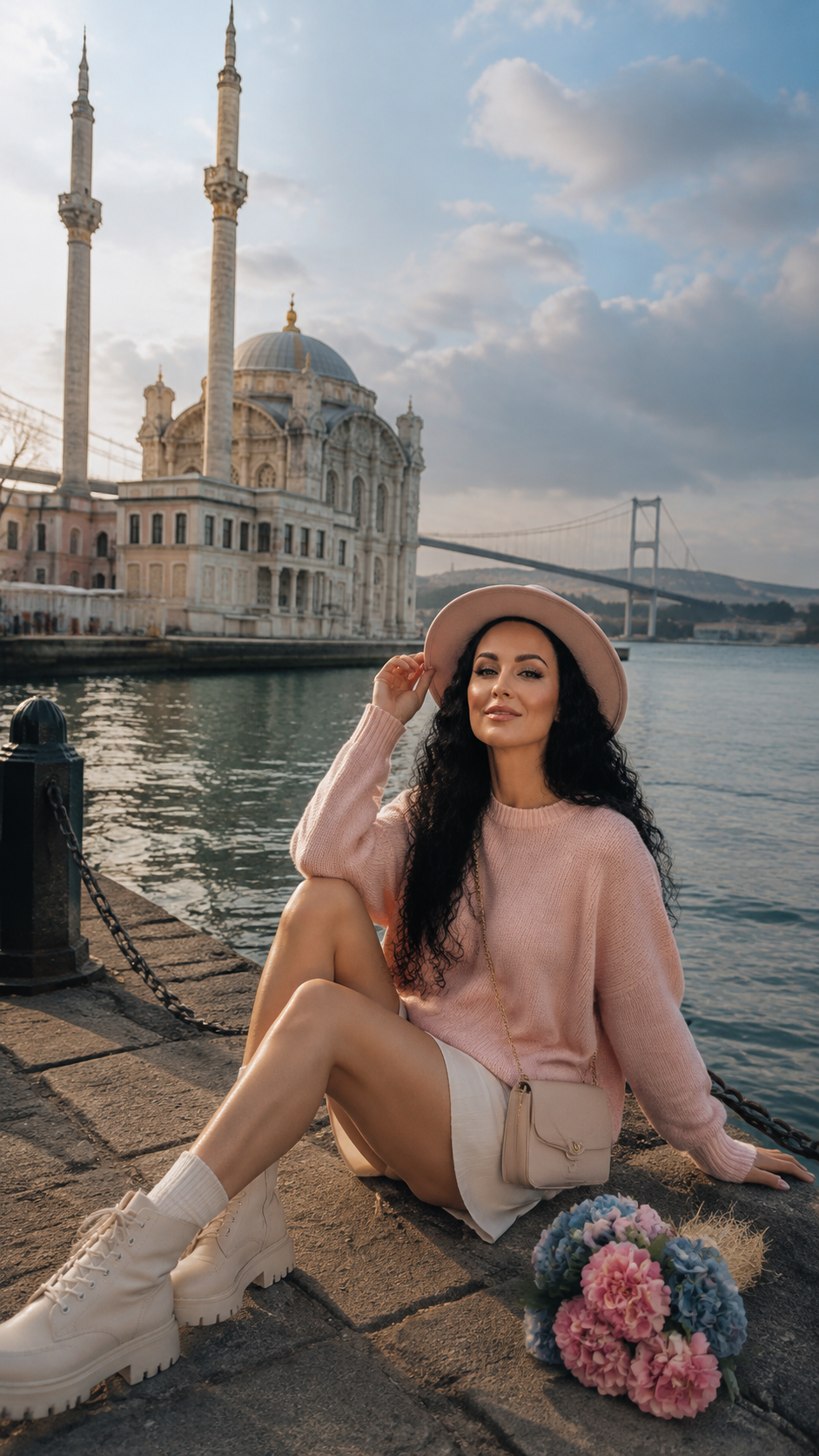 Фотосессия девушки в розовом свитере у мечети Ортакёй