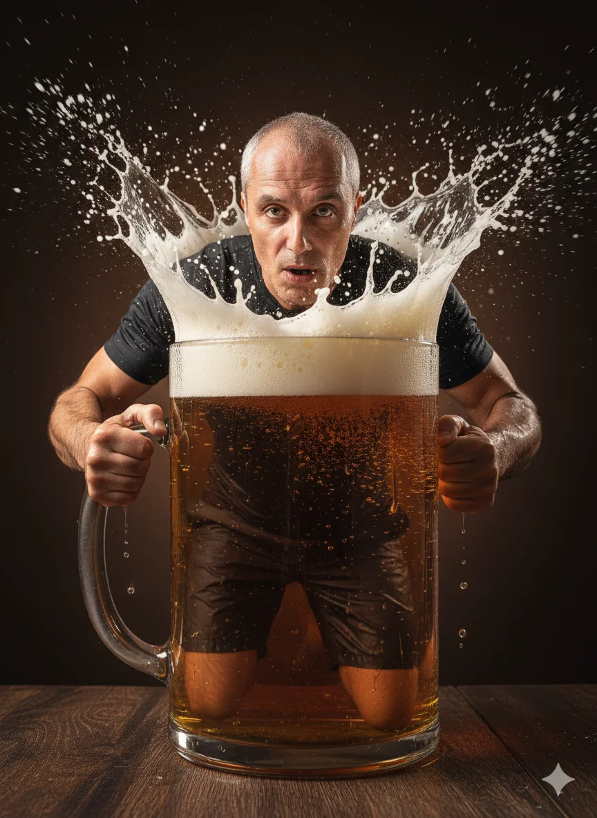 Мужчина внутри стеклянной пивной кружки 