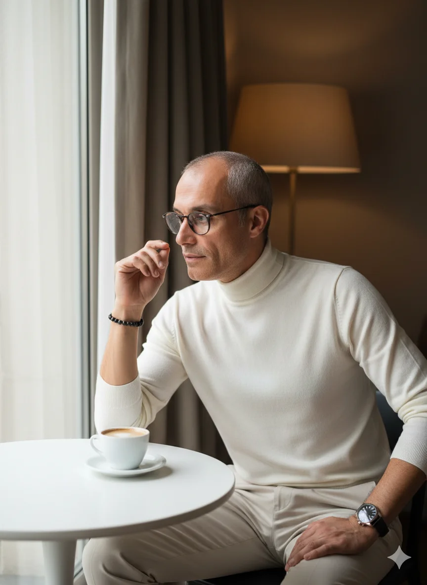 Мужчина в молочной водолазке за столиком у окна с чашкой кофе