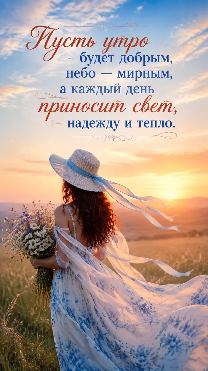 Фотооткрытка для неё с поздравлением "Пусть утро будет добрым, небо — мирным"