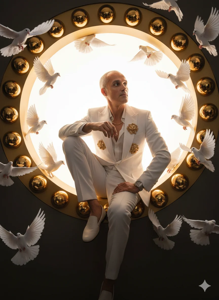 Мужчина в бело-золотом костюме сидит в круглом иллюминаторе