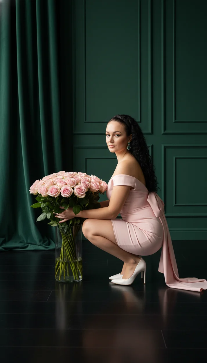 Интерьер с букетом роз и розовым вечерним платьем
