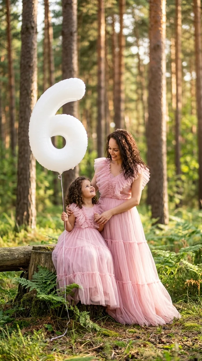  Фотосессия мамы с ребёнком в лесу с цифрой 6