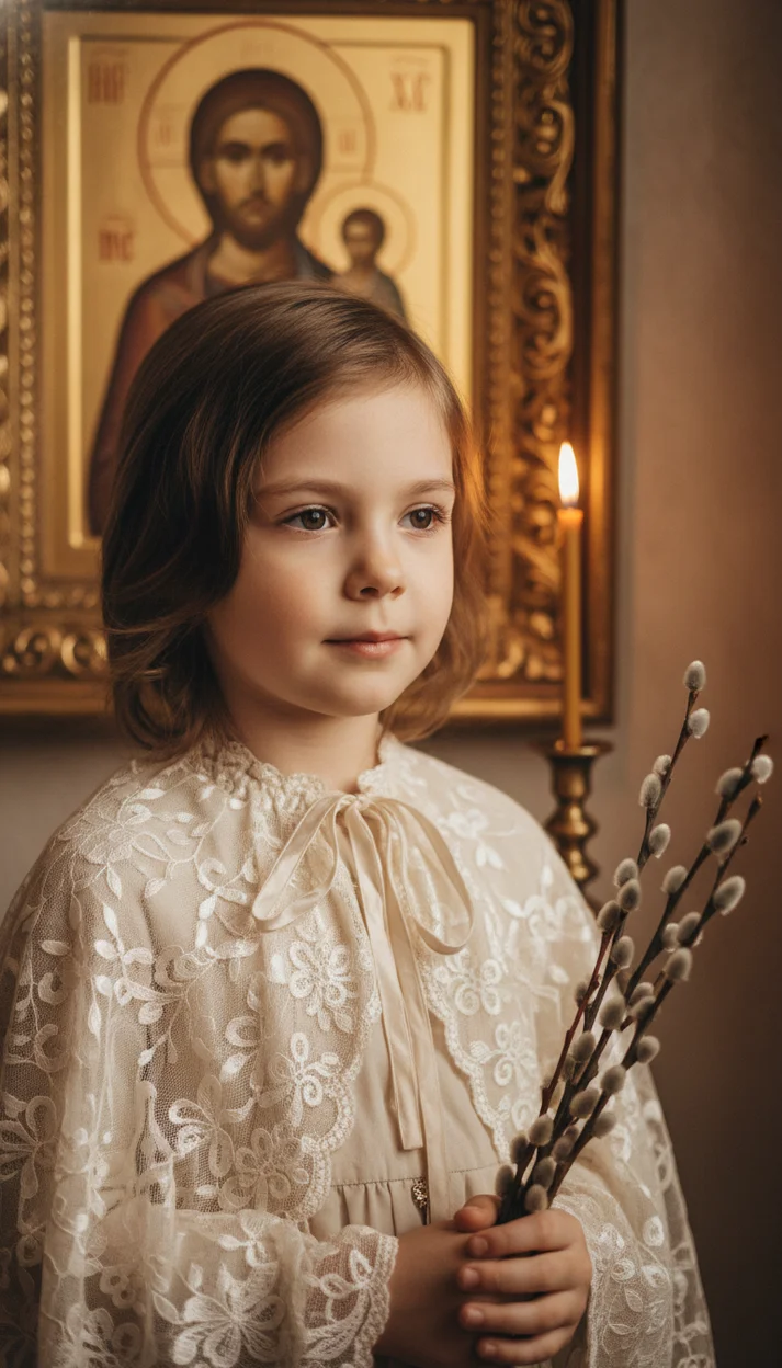 Ребёнок с вербой у иконы фотореализм без текста