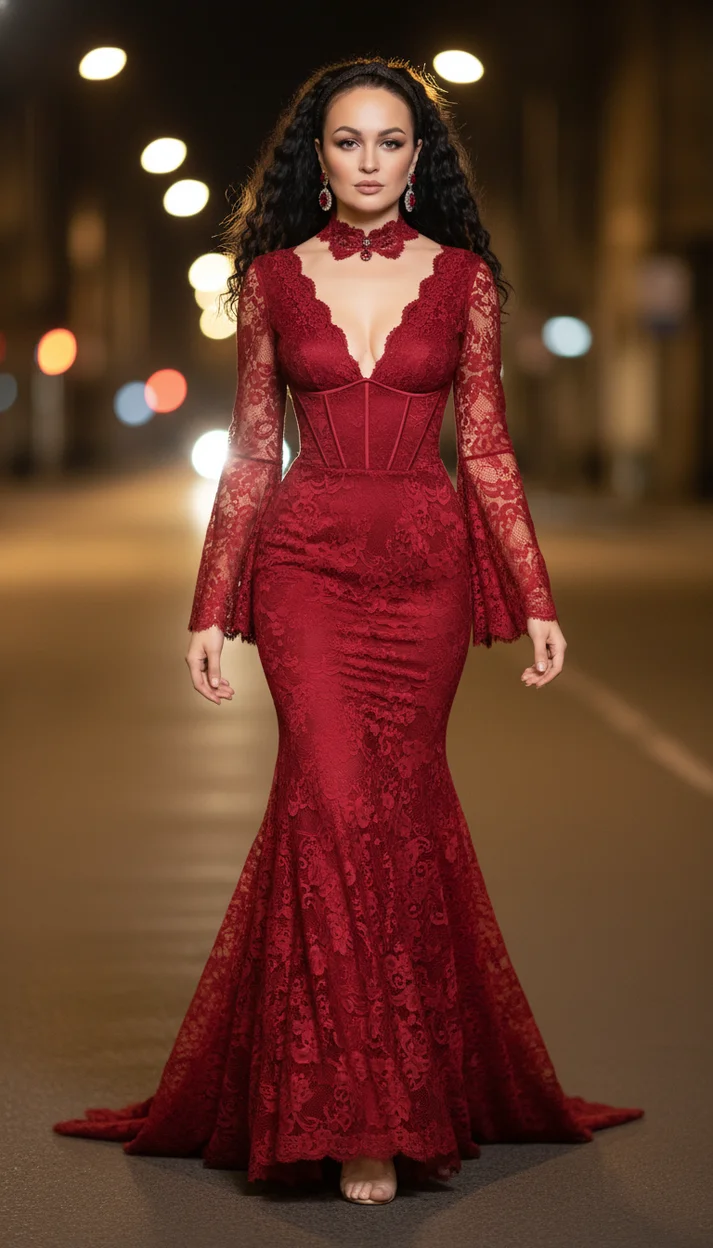  Девушка в красном кружевном платье со шлейфом 