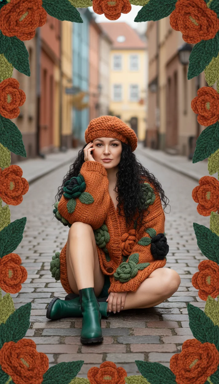 Девушка сидит на мостовой узкой европейской улицы художественная fashion-сцена