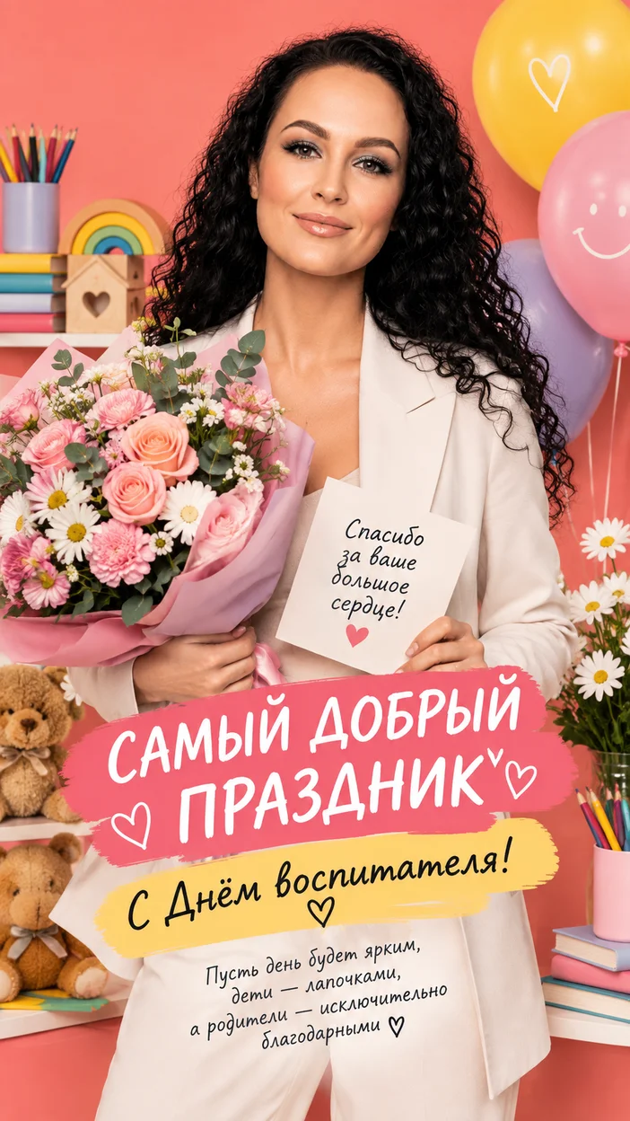 Фотосессия воспитательница в студии на ярком фоне в fashion‑костюме с большим букетом и табличкой — современный фешн‑баннер «САМЫЙ ДОБРЫЙ ПРАЗДНИК