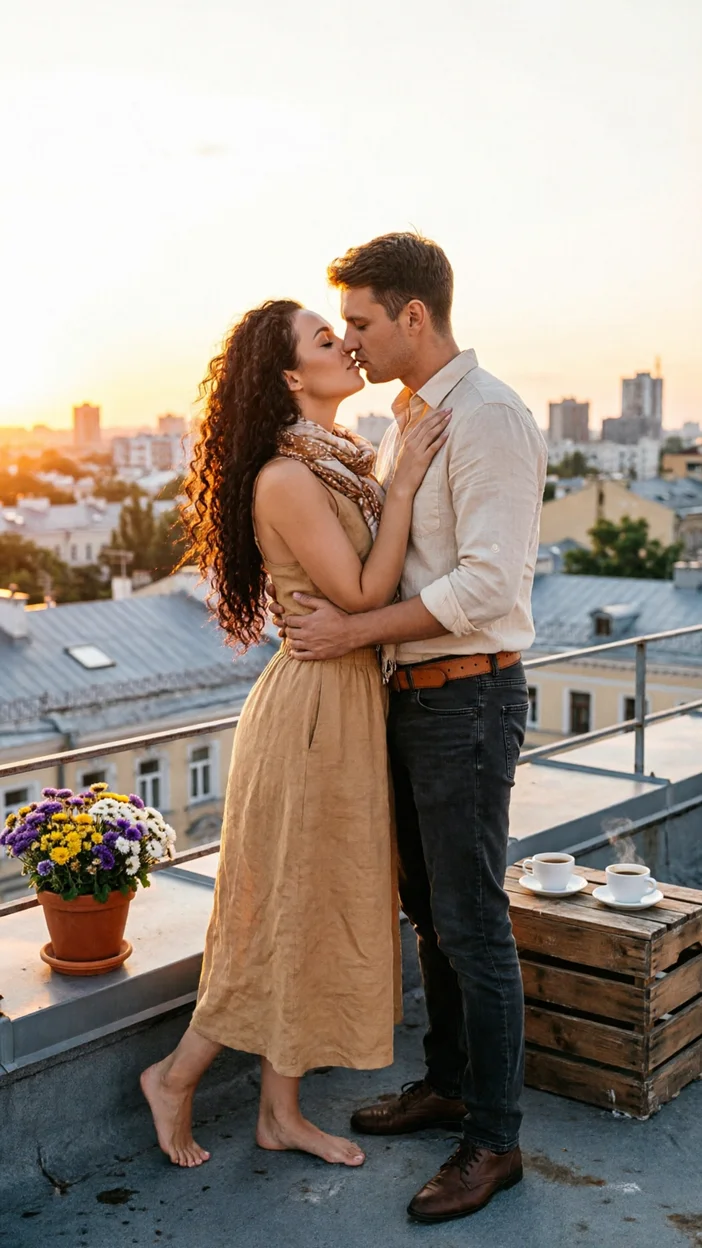 Фотосессия влюблённой пары на крыше в закатном свете