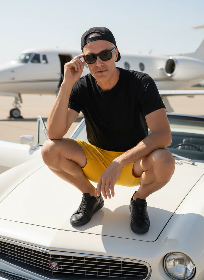 Мужчина на капоте белого кабриолета у частного самолёта